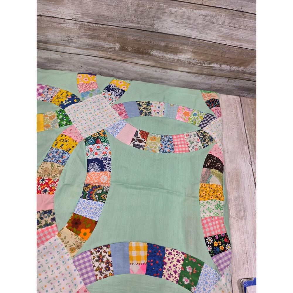 Vintage Double Wedding Ring Quilt Top Mint Green Multi Scrap Patchwork 55x93 - Picture 5 of 9